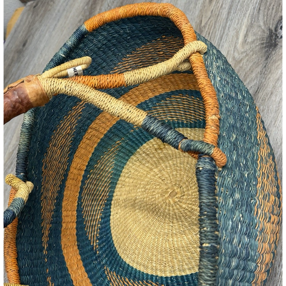 Woven African Bolga Ghana Market Basket Large Leather Handle - Picture 11 of 16